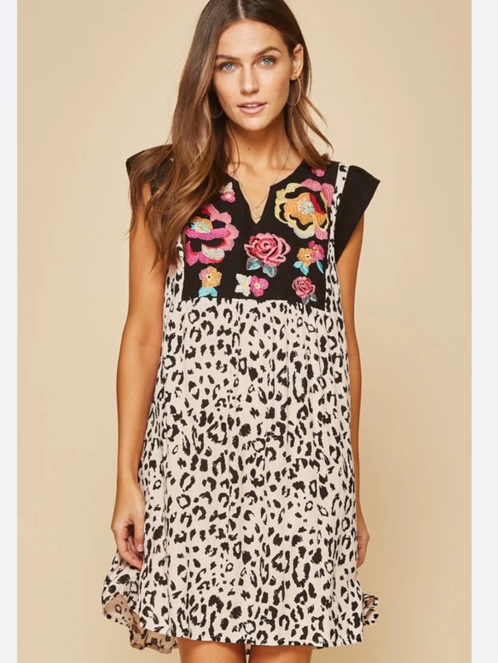 Savanna Jane Black & Cream Leopard Embroidered Mini Dress